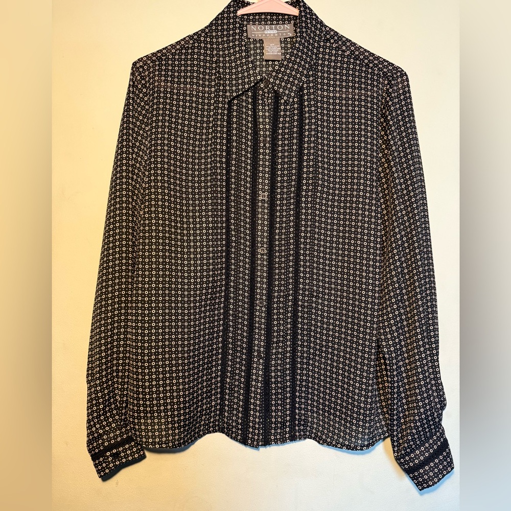 Norton McNaughton Petites Blouse, Semi-Sheer Black w/Beige Design, Size 8P